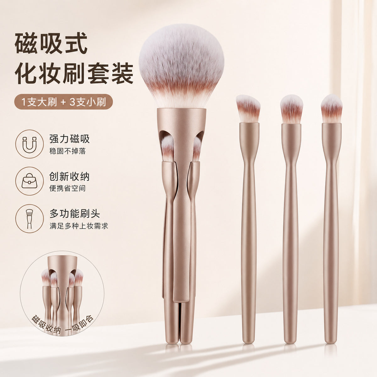 4-in-1 Magnetic Travel Makeup Brush Set for Powder, Blush, Eyeshadow, and Concealer
