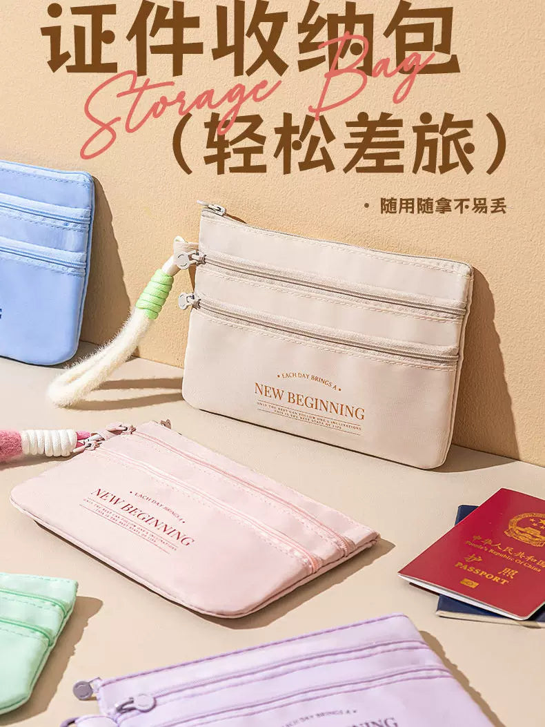 Plush Portable Travel Document Holder with Multi-layer Compartments and Zipper Closure