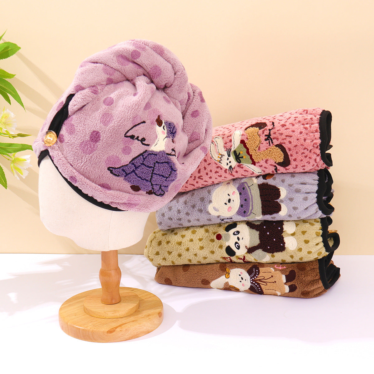 Coral Fleece Cartoon Embroidered Hair Drying Cap for Adults and Students, Soft, Absorbent, Quick-Dry Turban Towel