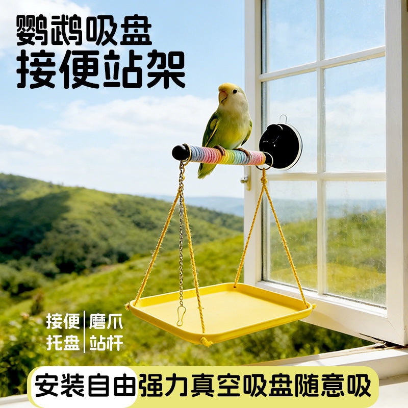 Parrot Suction Cup Perch with Waste Tray and Anti-Flight Chain for Birds