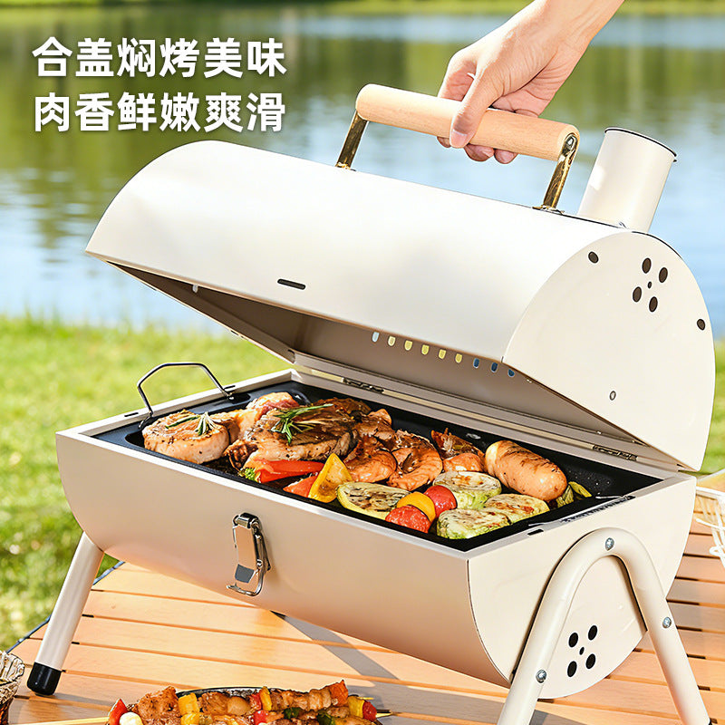 Thickened Foldable Charcoal BBQ Grill for Outdoor Cooking and Warming, Stainless Steel Smokeless