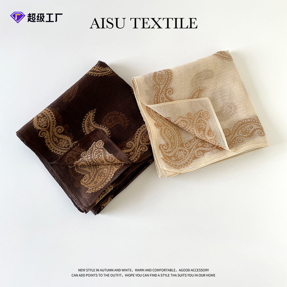 90cm Large Paisley Jacquard Silk Scarf for Women, Vintage Style Shawl, Summer Sun Protection Scarf