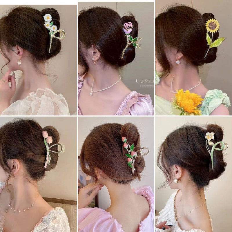 Hand-Painted Floral Hair Claw Clip for Women, Sweet Girls' Temperament Shark Clip for Back of Head