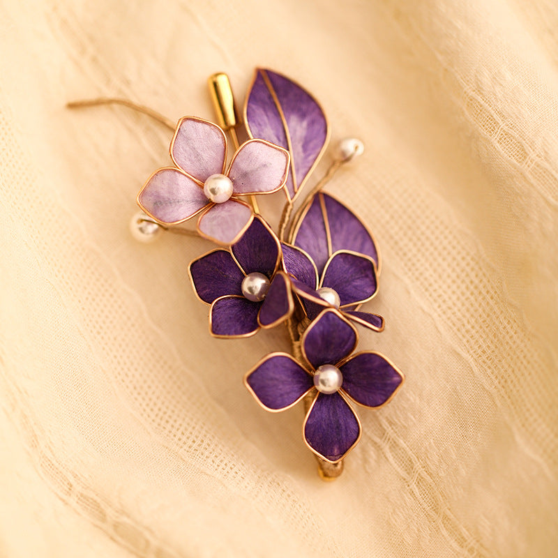 New Chinese Style Sandalwood Velvet Flower Brooch Hairpin Set for Hanfu