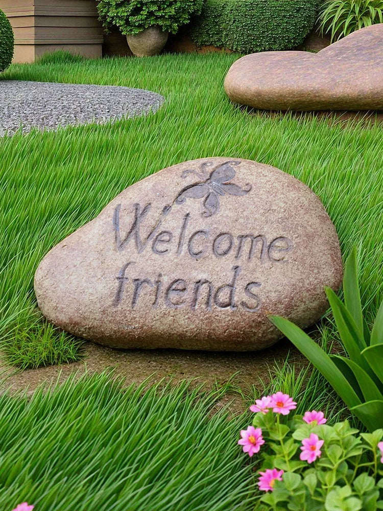 Outdoor Garden Welcome Stone Ornament Resin Simulation Fake Rock Decoration for Lawn Patio