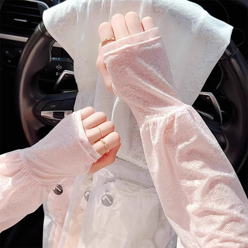 Lace Sun Protection Arm Sleeves for Women, Breathable Ice Silk Driving Sleeves