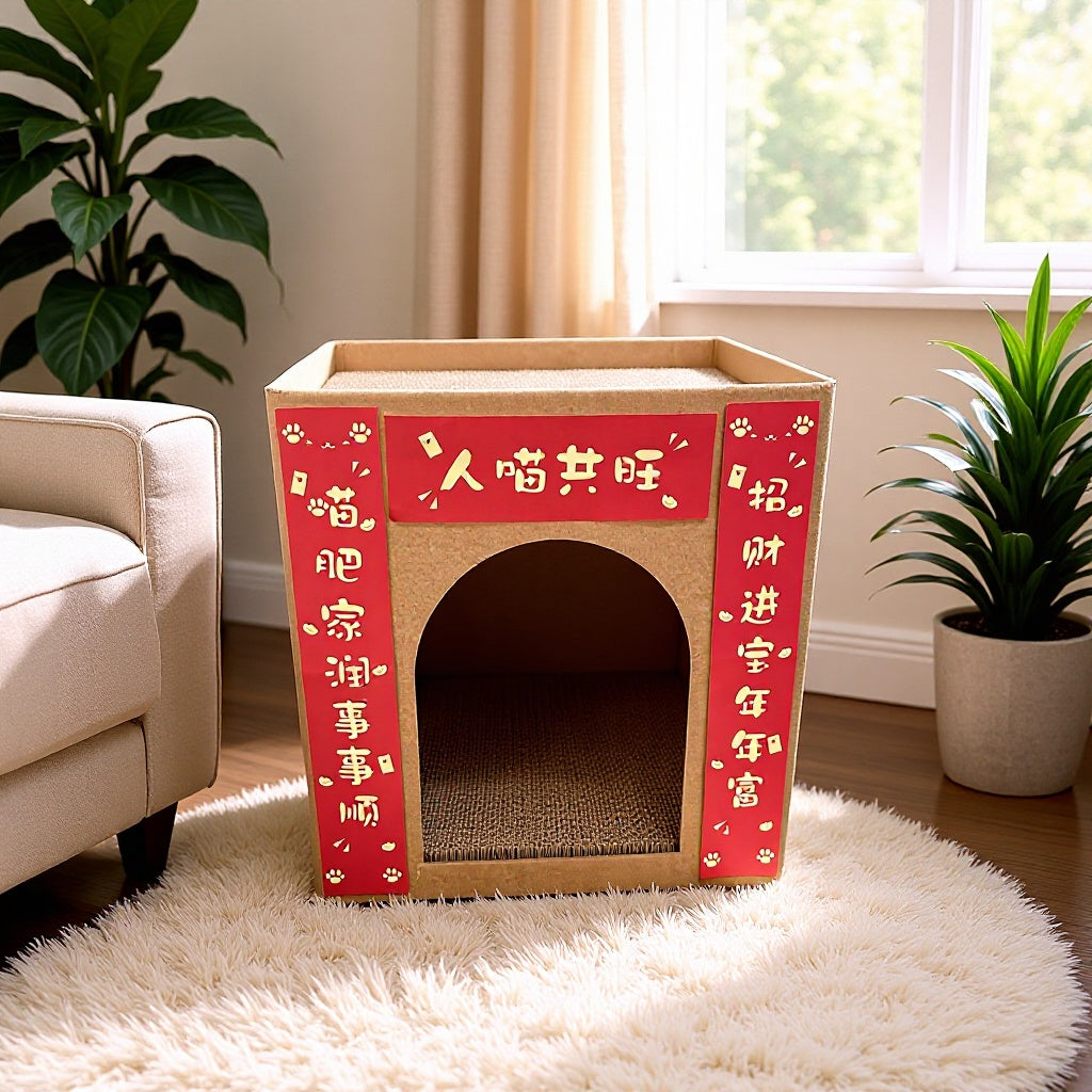 Corrugated Cardboard Cat House with Scratcher and Catnip