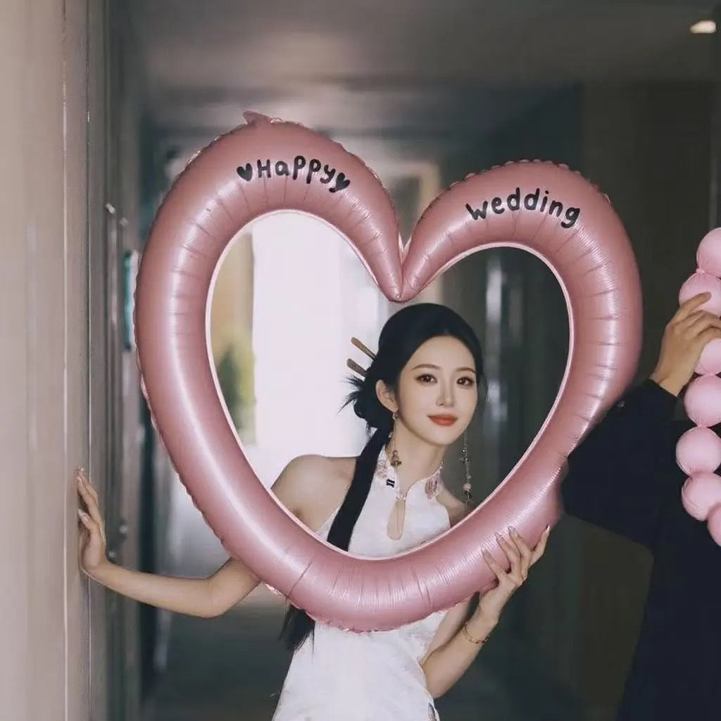 Giant Pink Heart Photo Frame Balloon with Bows for Wedding Engagement Photos