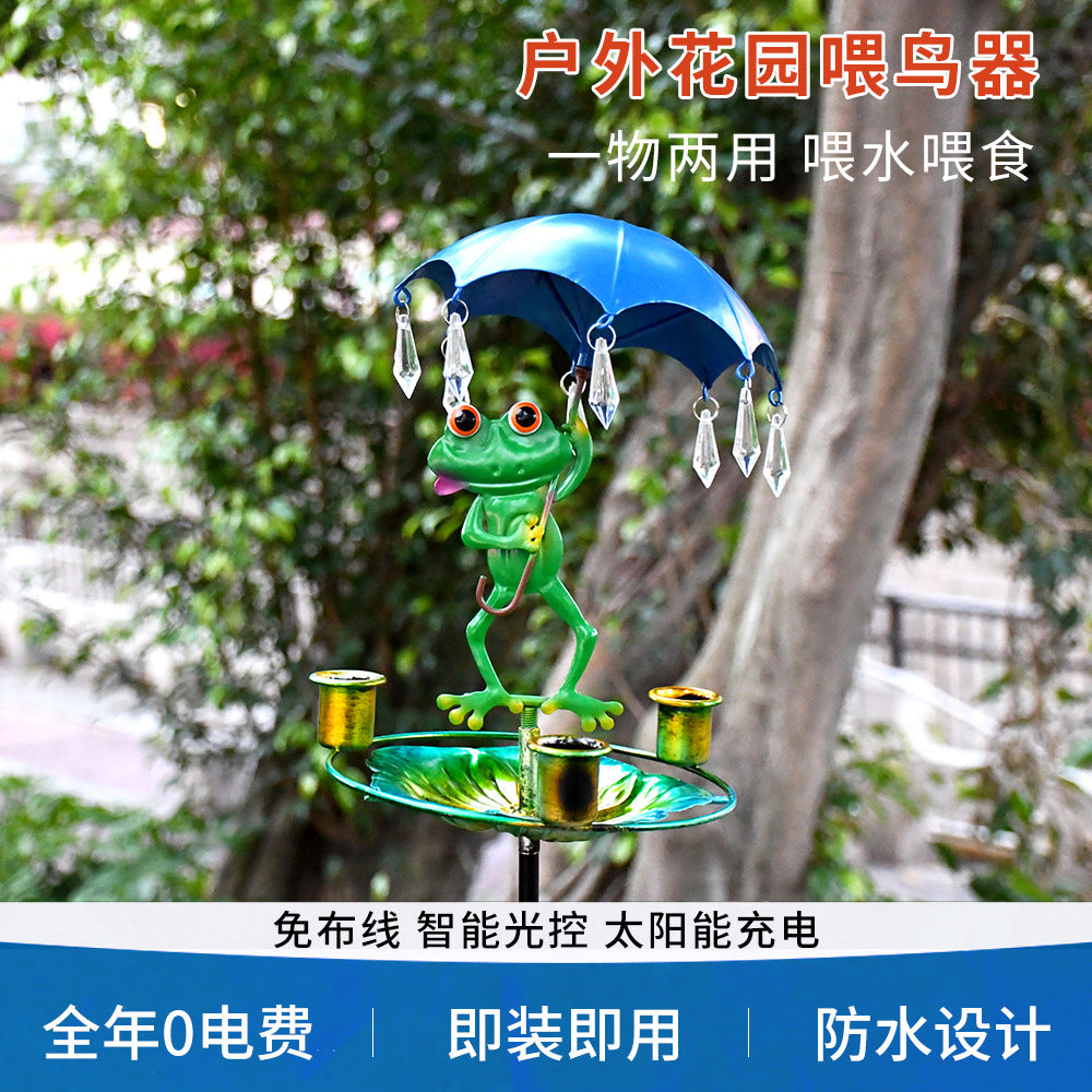 Outdoor Iron Bird Bath & Feeder with Garden Stake, Frog Design