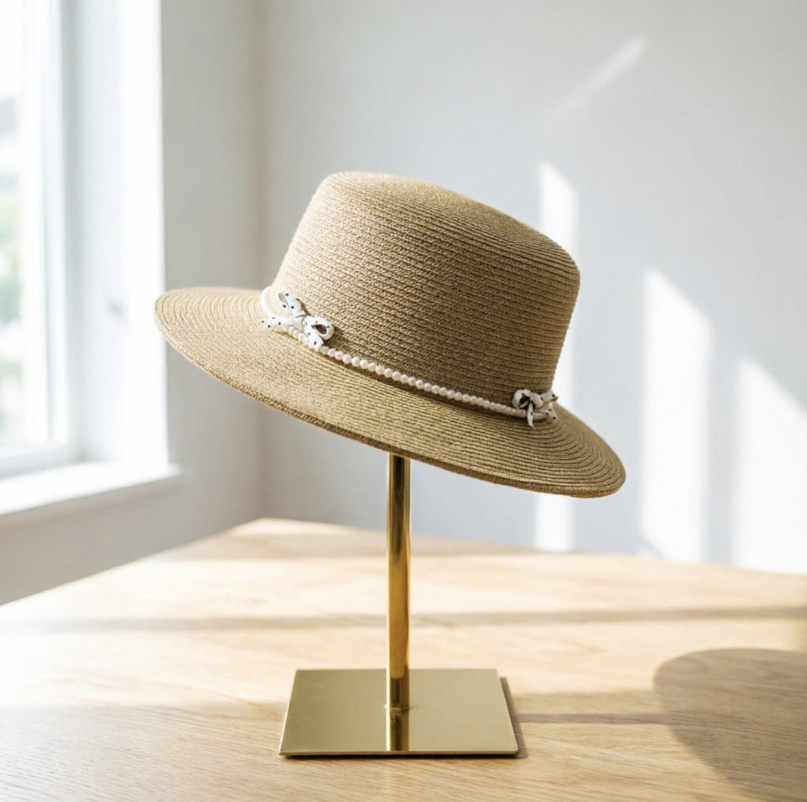 Elegant Bowknot Pearl Tie Straw Hat UPF50+ Sun Protection Fisherman Hat for Women