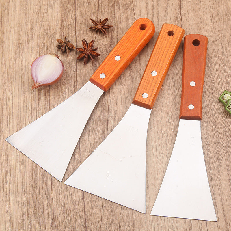 Stainless Steel BBQ Griddle Spatula Steak Frying Spatula with Wooden Handle Multi-purpose Elastic Cooking Cleaning Tool Set