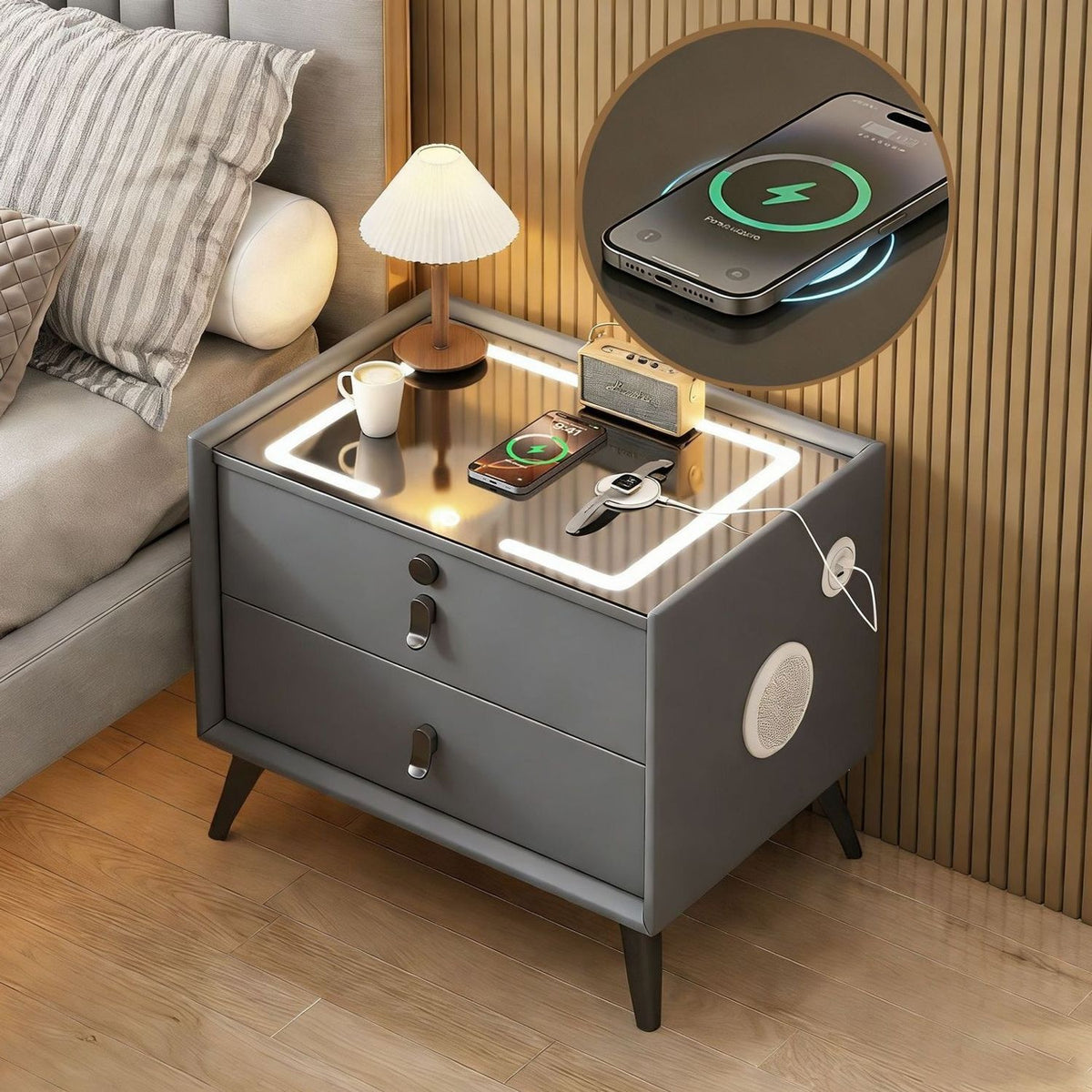 Modern Nightstand with Wireless Charging, Small Smart Bedside Table for Bedroom