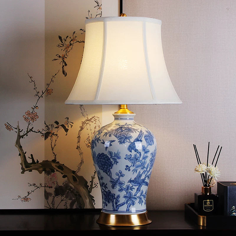 New Chinese Style Jingdezhen Blue and White Ceramic Table Lamp with Copper Base for Bedroom Living Room Decor