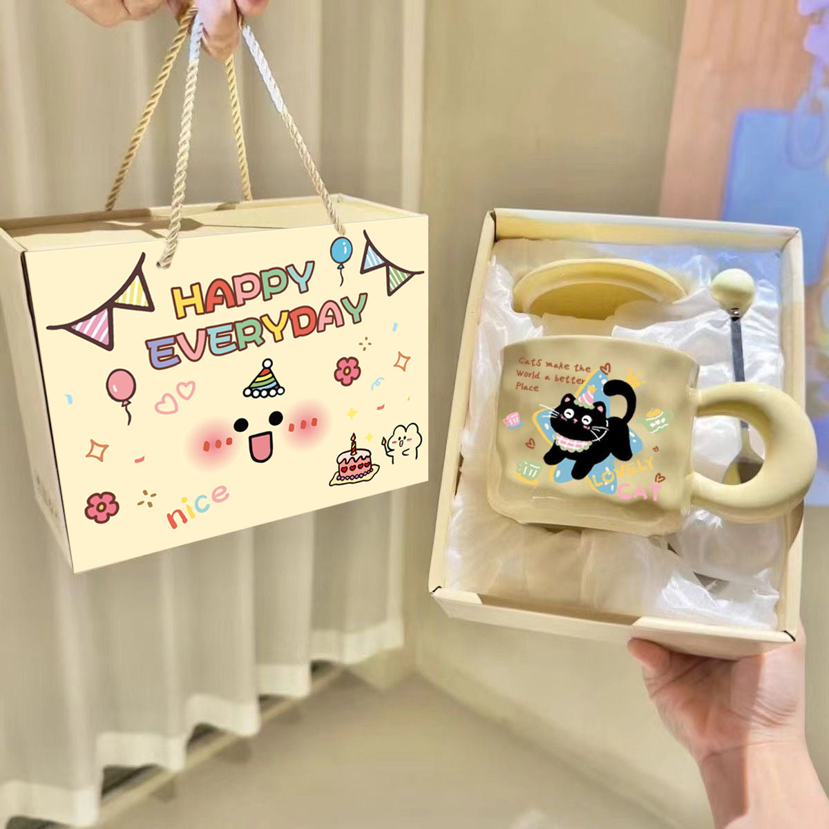 Cute Cat Ceramic Mug with Lid and Spoon, 400ml Coffee Tea Cup, Novelty Gift for Friends and Office