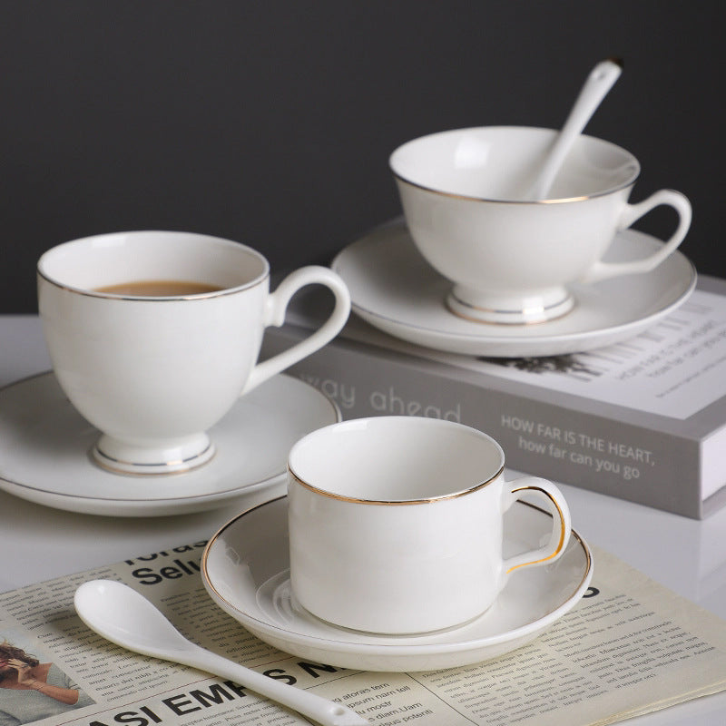 Bone China Coffee Cup and Saucer Set with Gold Rim, Customizable Logo, Ceramic Teacup for Cafe
