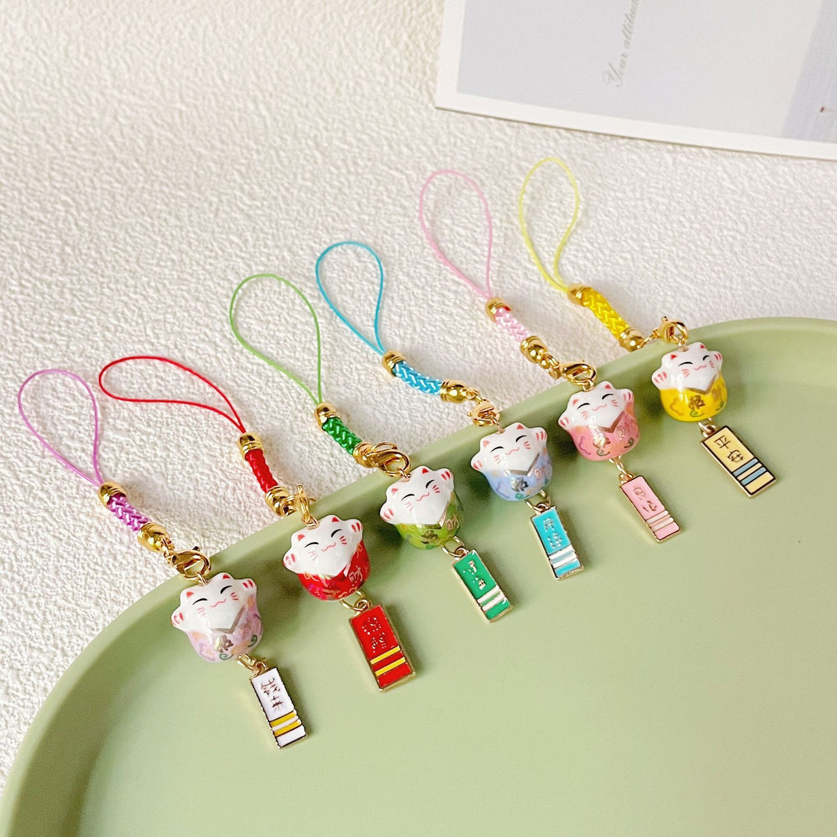 Japanese Ceramic Lucky Cat Bag Charm with Alloy Blessing Tag