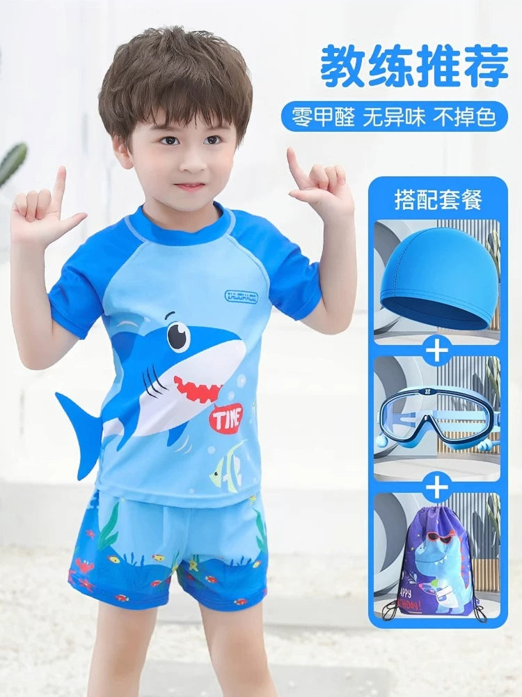 Boys' Quick-Dry Split Swimsuit Set with Cap and Goggles for Kids