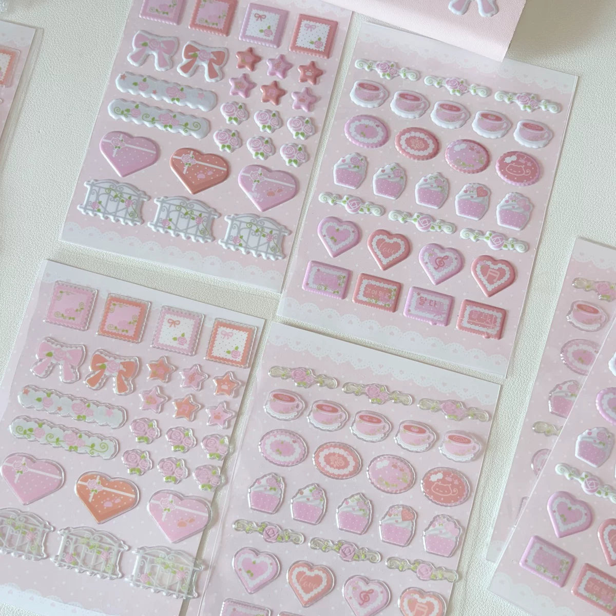Korean Style Pink 3D Bubble Stickers for Scrapbooking and Decoration - Hearts, Bows, Roses, Lace Borders