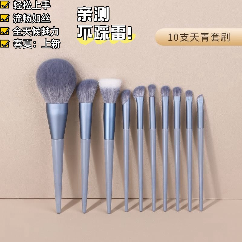10-Piece Sky Blue Makeup Brush Set with Storage Bag, Ultra-Soft for Beginners, Powder & Blush Application
