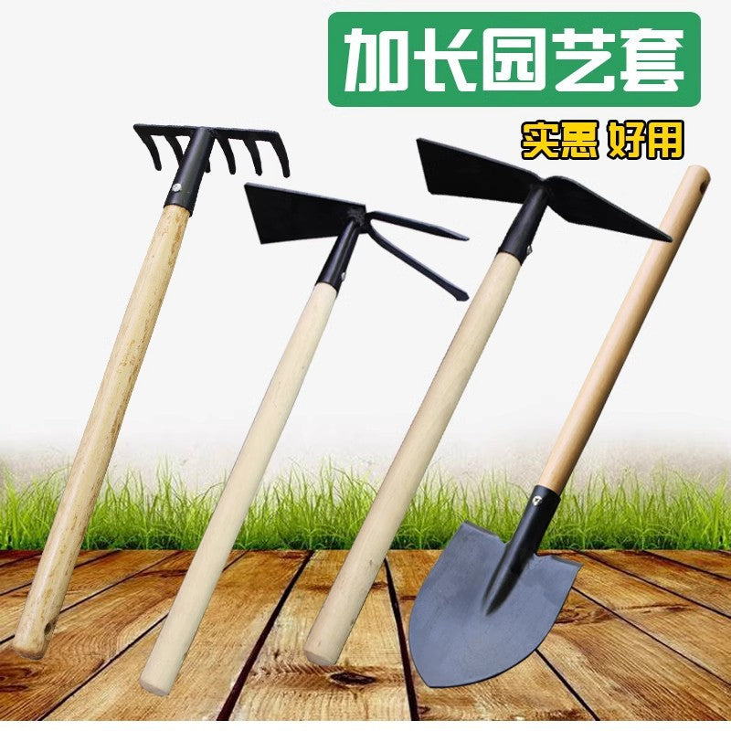 Gardening Hand Tool Set with Extended Wooden Handles for Planting and Digging