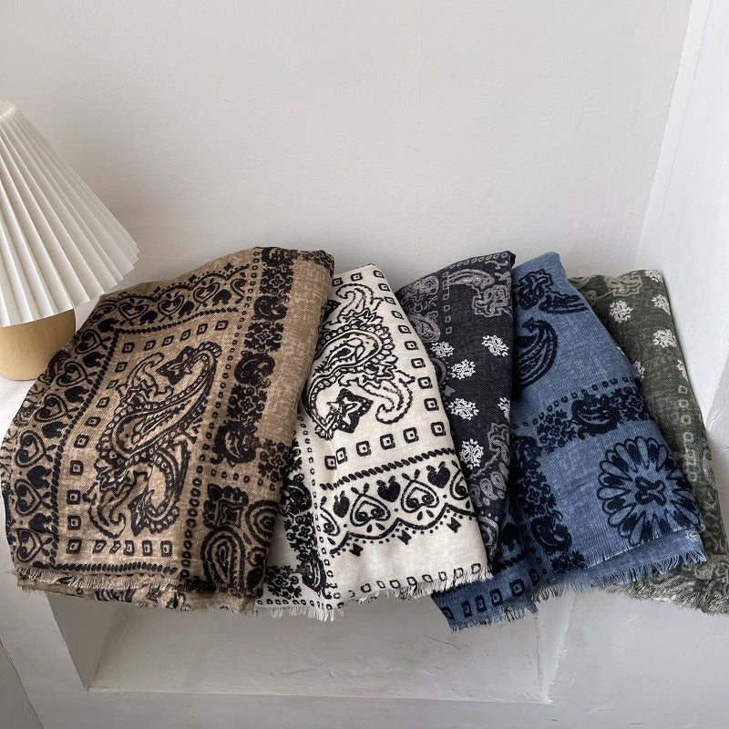 Light Luxury Cream White Soft Cotton Linen Scarf for Women, Autumn/Winter Versatile Long Shawl