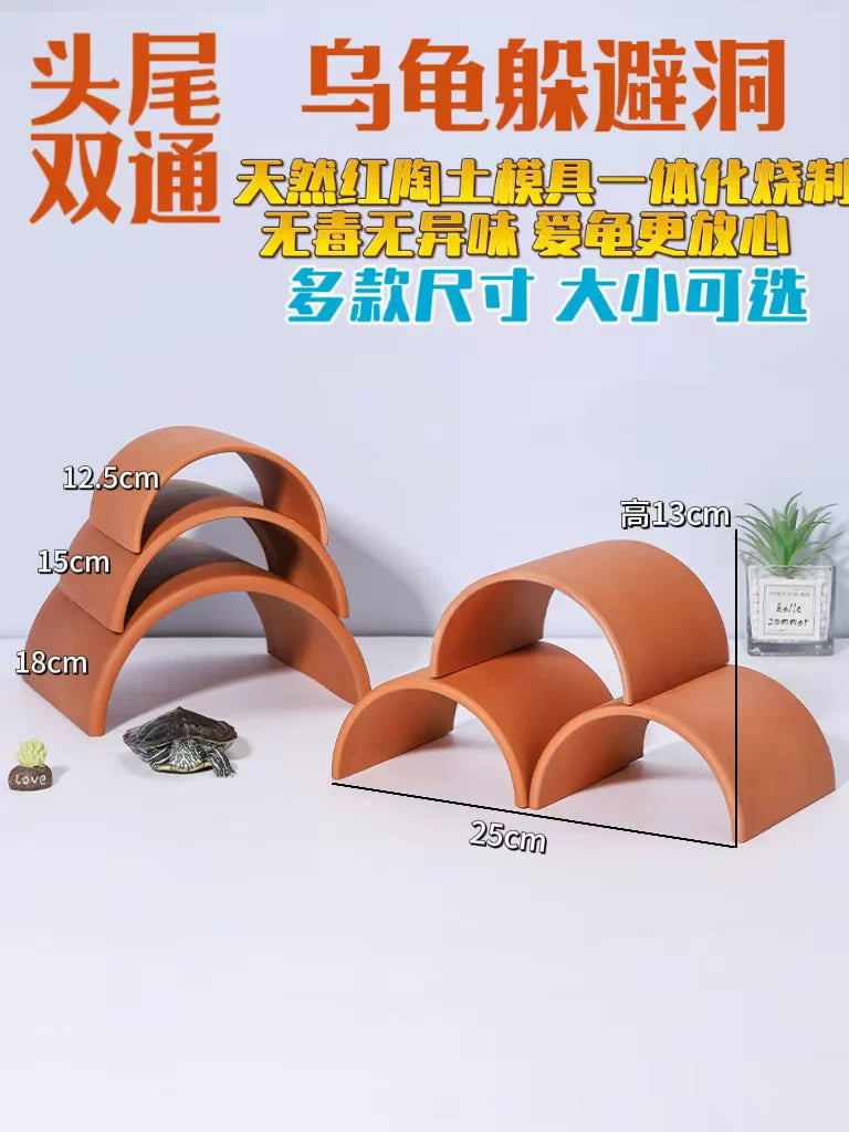 Natural Terracotta Reptile Hideout and Basking Platform for Turtles, Axolotls, and Fish Tanks