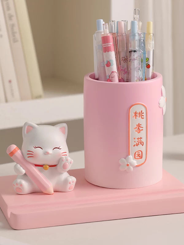 Lucky Cat Multifunctional Phone Holder Pen Holder Desktop Ornament for Teachers