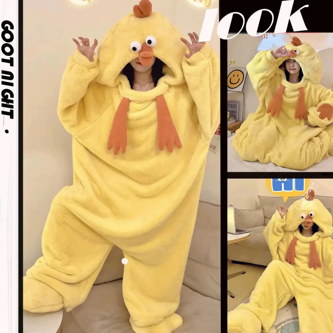 Cartoon Funny Chicken Coral Fleece Pajama Women's Winter Flannel One-Piece Thickened Sleepwear Home Robe