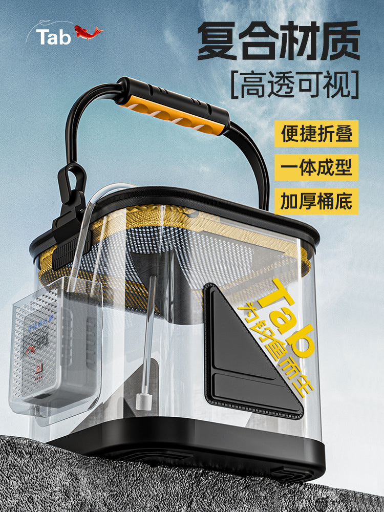 Portable Collapsible Fishing Bucket with Transparent Design and Side Pocket for Live Fish and Water Retrieval