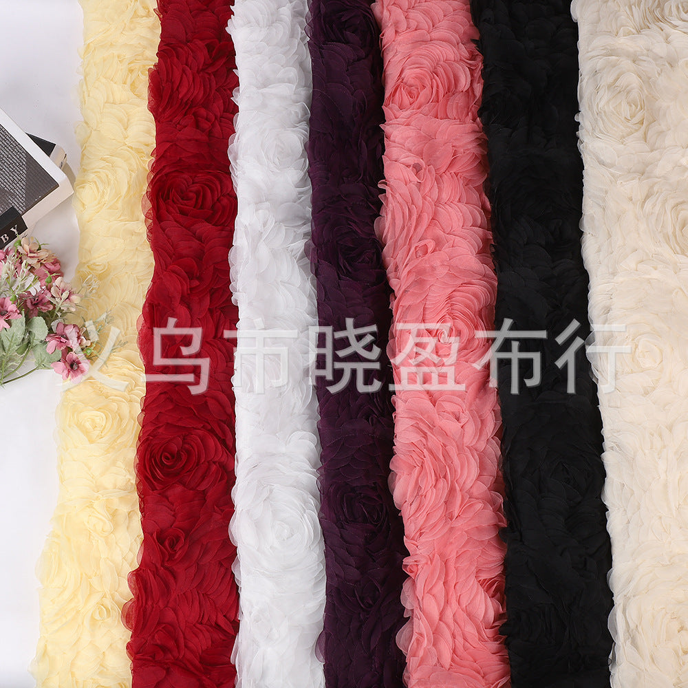 3D Peony Rose Floral Embroidered Mesh Fabric for Wedding Dresses and Gowns