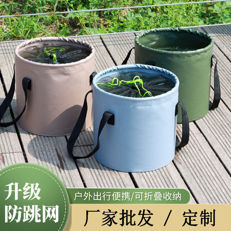 Portable Folding Fishing Bucket with Net, Live Fish Container, PVC Outdoor Water Bucket