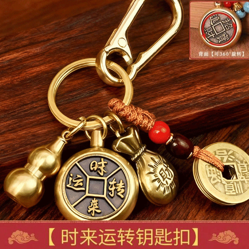 Brass Rotating Fortune Keychain with Pixiu and Gourd Charms