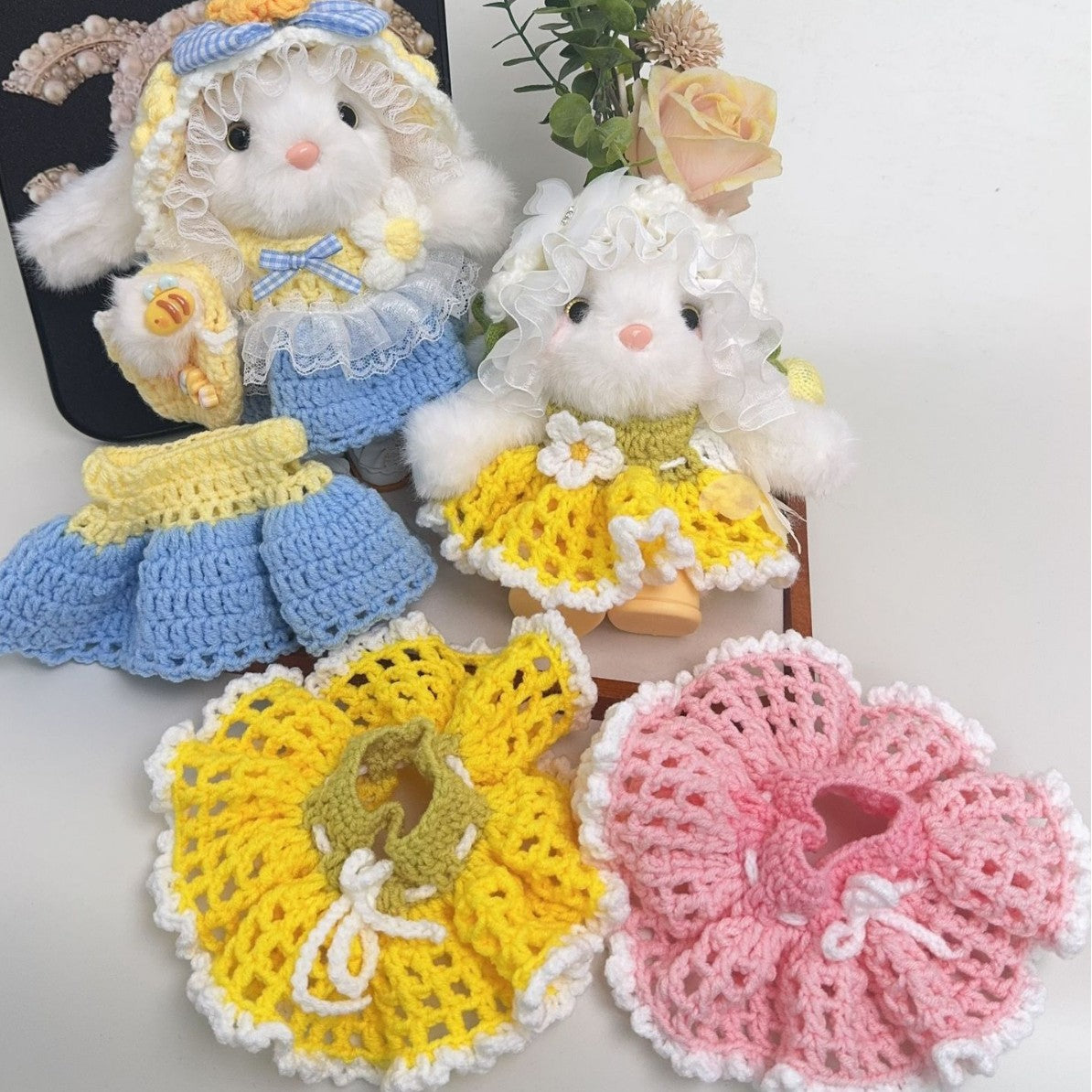 20CM Lop-Eared Bunny Crochet Doll Clothes for Cotton Dolls Hollow Out Skirt Plush Toy Outfit