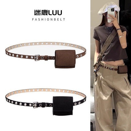 Women's Suede Retro Belt Bag with Multi-Hole Square Pouch for Jeans