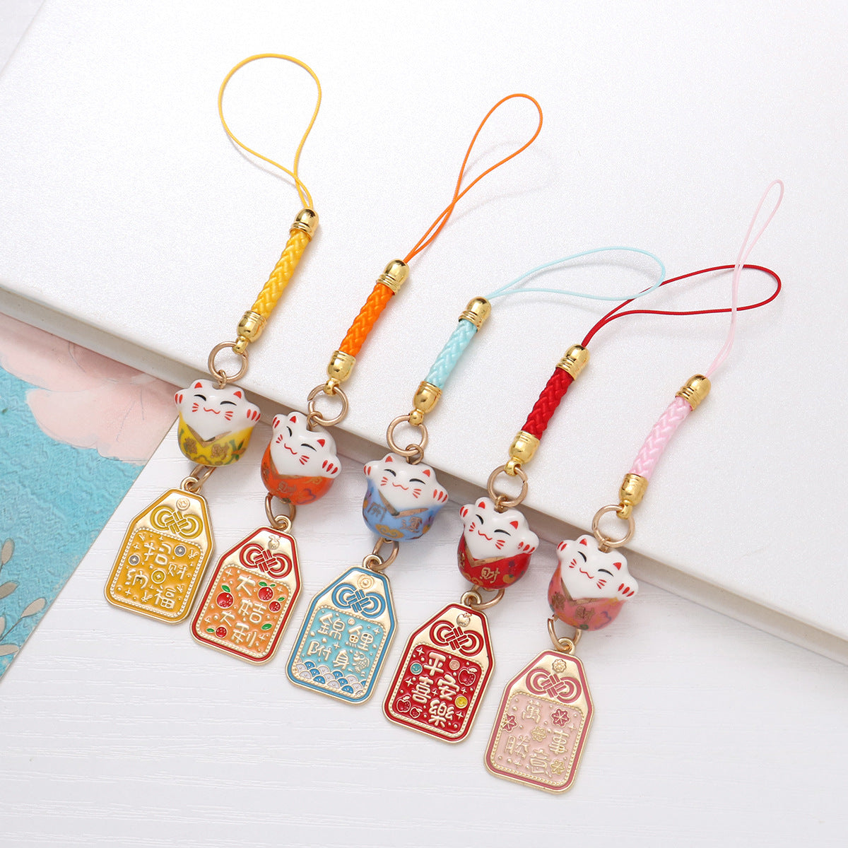 Japanese Lucky Cat Ceramic Keychain Charm for Bags and Car Keys