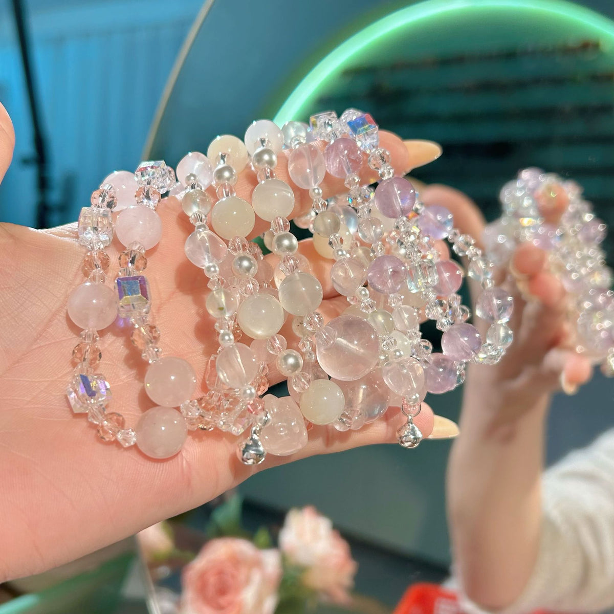 Natural Moonstone Rose Quartz Crystal Bracelet for Women, Summer Everyday Wear, Friendship Gift