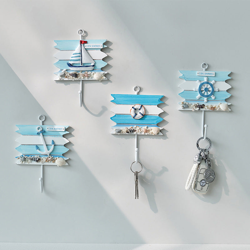 Mediterranean Style Wooden Wall Hooks with Iron Accents for Coats and Hats