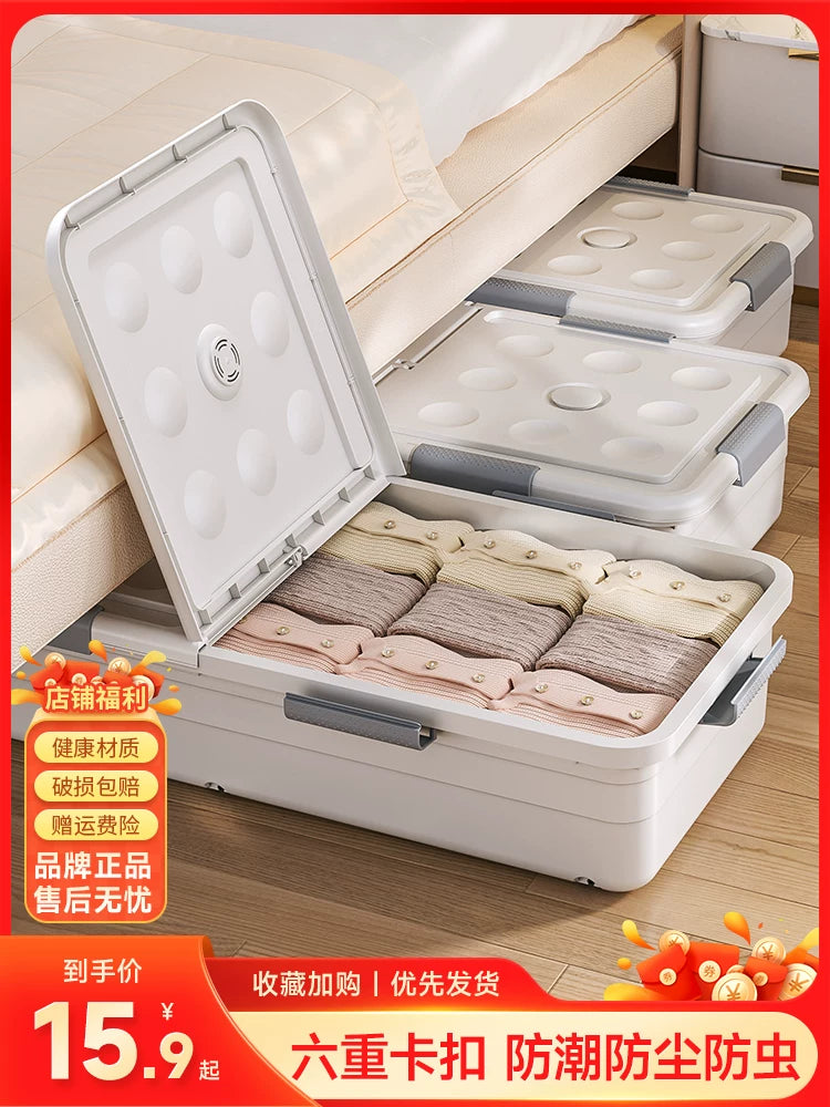 Under-Bed Storage Container with Wheels and Drawers, Flat Design for Clothes and Home Organization