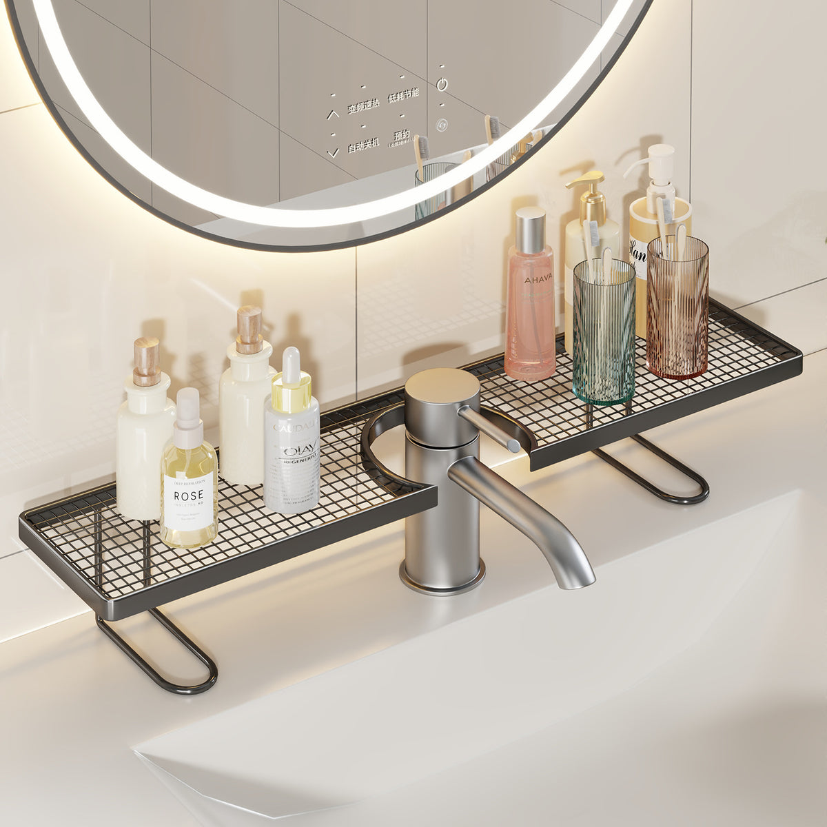 No-Drill Bathroom Faucet Storage Rack, Hollow Drain Design, Iron Art Organizer for Vanity
