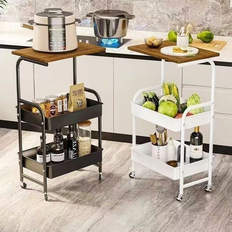 2-Tier Rolling Side Table with Storage Basket for Bedroom and Dorm