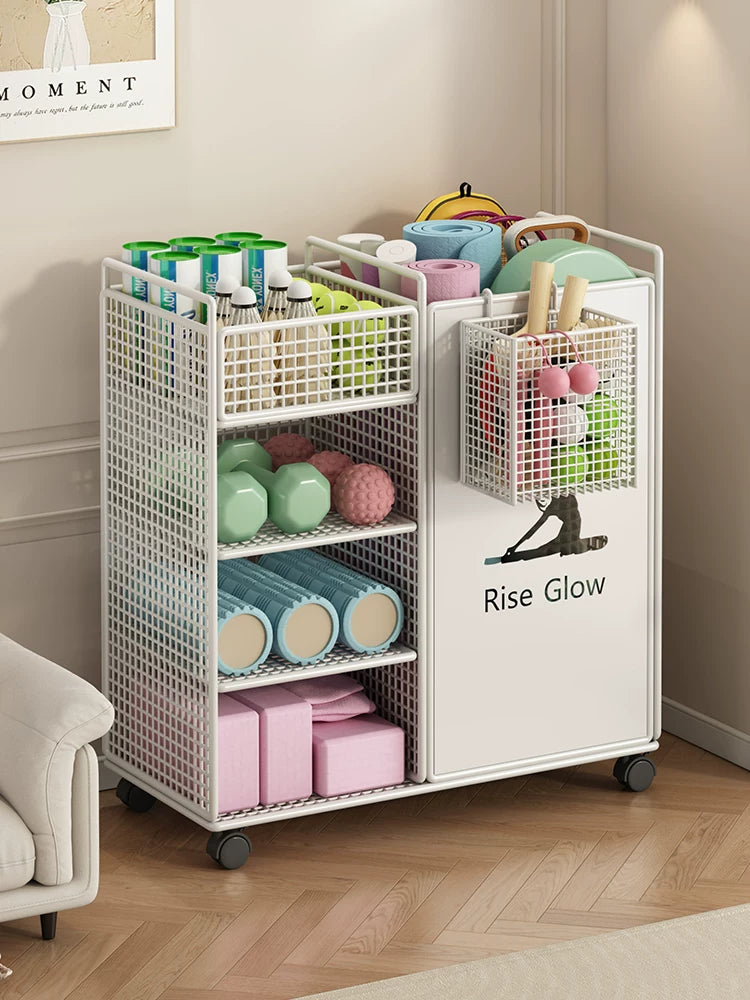 Yoga Mat Storage Basket for Home Gym, Fitness Equipment Organizer for Kettlebells, Foam Rollers, Balls, and Badminton Rackets