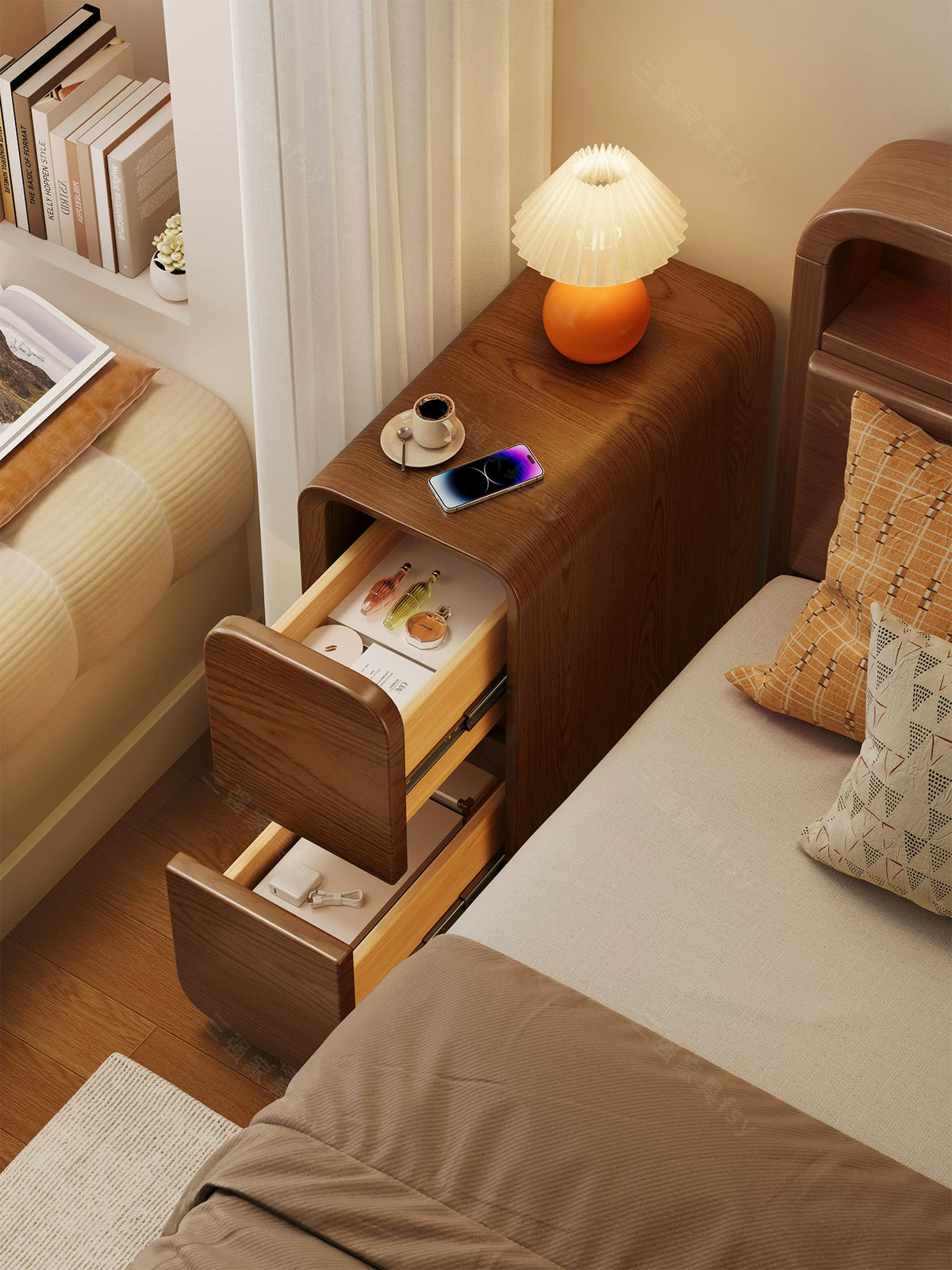 Solid Wood Narrow Bedside Table with Nappa Leather Drawer, Modern Minimalist Nightstand for Small Spaces