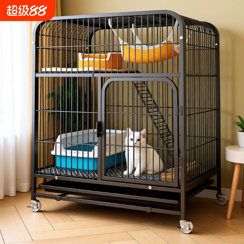 Large Indoor Cat Cage with Litter Box, Multi-Tier Cat Condo Villa, Portable Cat House
