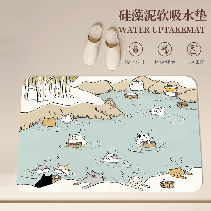 Diatomaceous Earth Bath Mat, Japanese Cartoon Cat Absorbent Quick-Dry Non-Slip Floor Mat for Home Bathroom Entryway