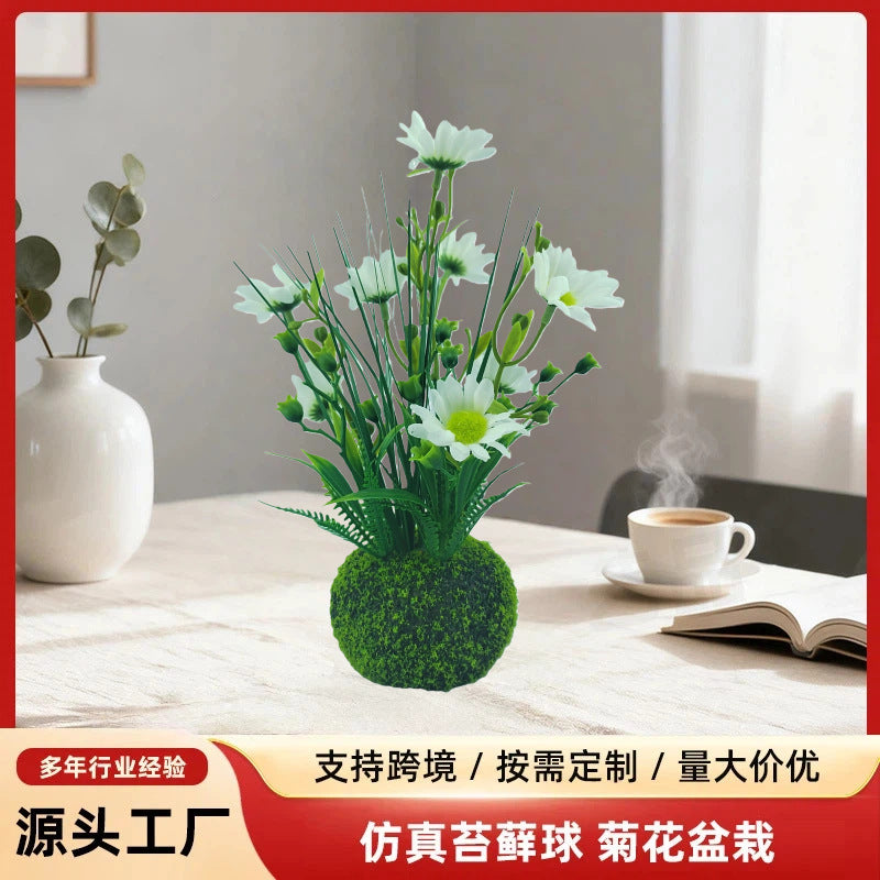 Artificial Moss Ball Chrysanthemum Potted Plant for Home Decor