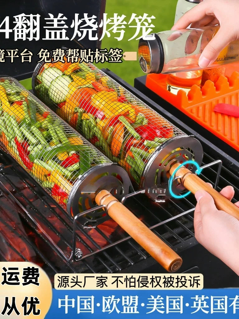 304 Stainless Steel Rolling BBQ Grill Basket for Outdoor Grilling and Smoking