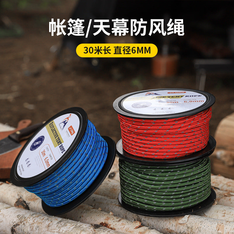 Reflective Guy Line Tent Rope, 6mm Thick, 30m Length for Outdoor Camping and Awnings