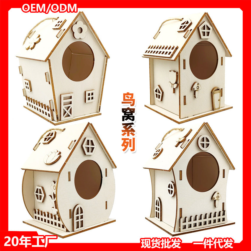 Wooden DIY Birdhouse Kit for Kids, Creative Graffiti Bird Feeder Craft Set with Hanging Rope