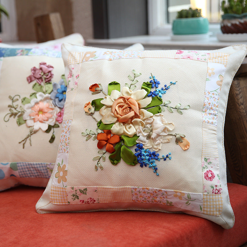 DIY Ribbon Embroidery Pillow Cover Kit for Beginners - European Style Floral Design