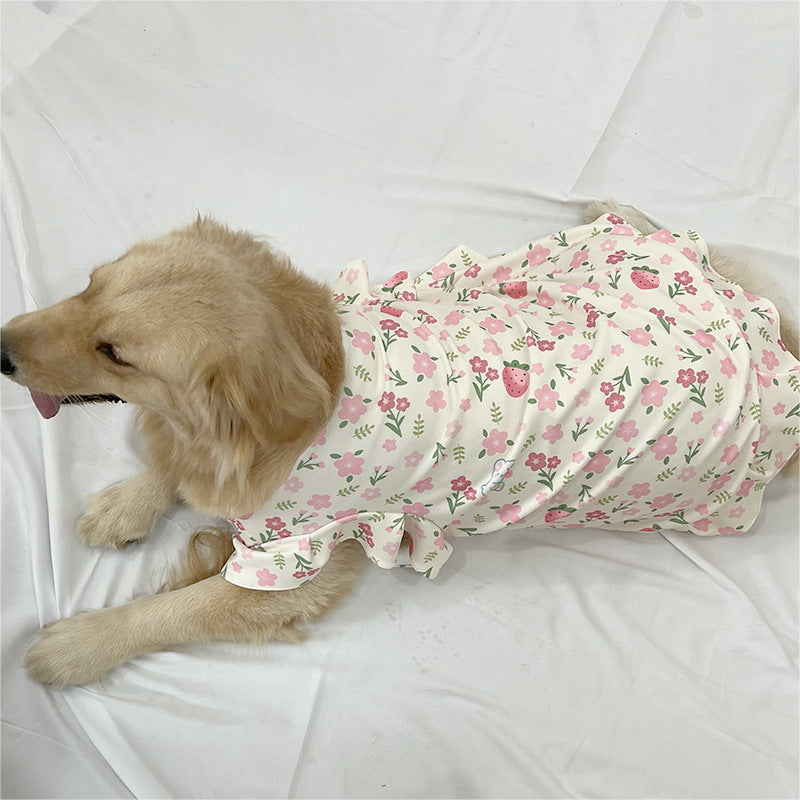 Pet Dog Dress with Floral Pattern and Hat for Medium to Large Breeds